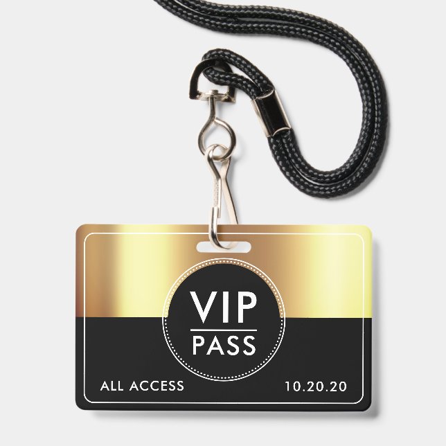 VIP All Access Event Metallic Gold Schwarz Ausweis (Vorderseite mit Lanyard)