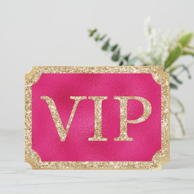 VIP-Event-Ticket für Hot Pink und Gold Glitzer Einladung (Stehend Vorderseite)