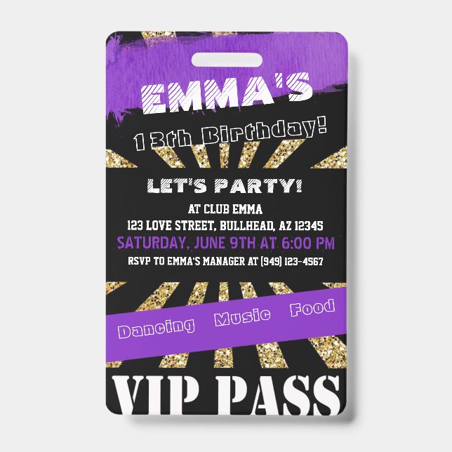 VIP Lila & Gold Eventpass Geburtstag Einladung Ausweis (Vorderseite)