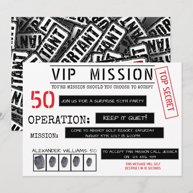 VIP-Missions-Überraschung 50. Geburtstag Einladung (Vorne/Hinten)