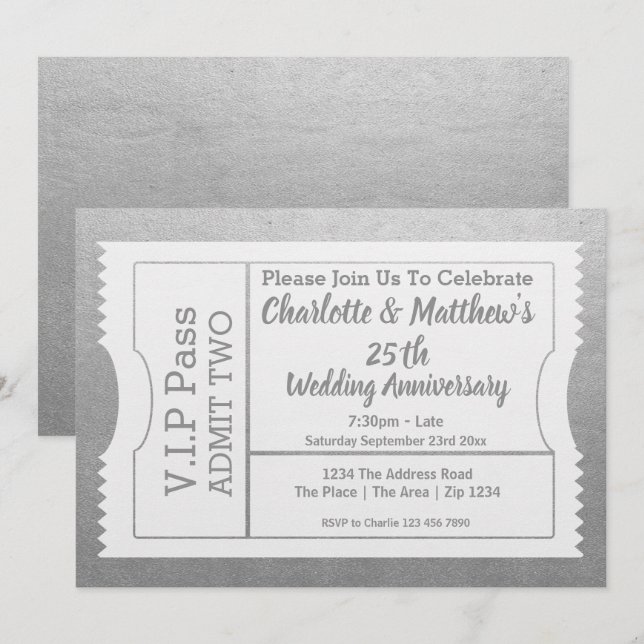 VIP Pass 25. Jubiläum Ticket Imitate Silver Einladung (Vorne/Hinten)