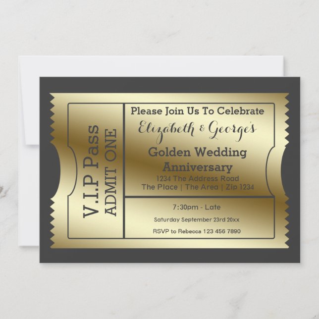 VIP Pass Golden Wedding Anniversary Ticket Einladung (Vorderseite)