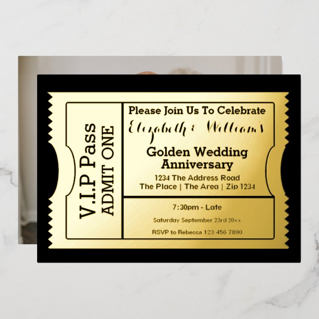 VIP Pass Golden Wedding Anniversary Ticket Folieneinladung (Vorderseite/Rückseite)