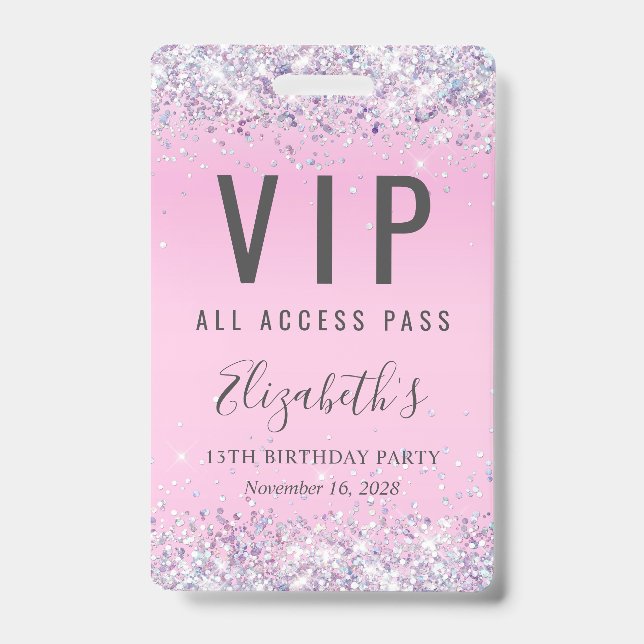 VIP Pass Pink Glitzern Birthday Party Ausweis (Front)