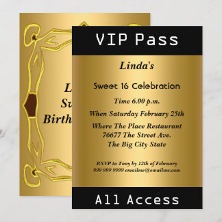 VIP Pass Sweet 16 Birthday Party Gold Einladung