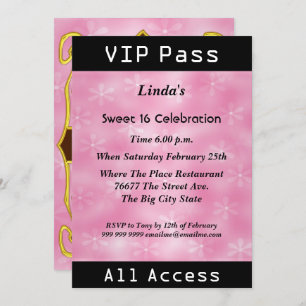 VIP Pass Sweet 16 Birthday Party Pink Einladung