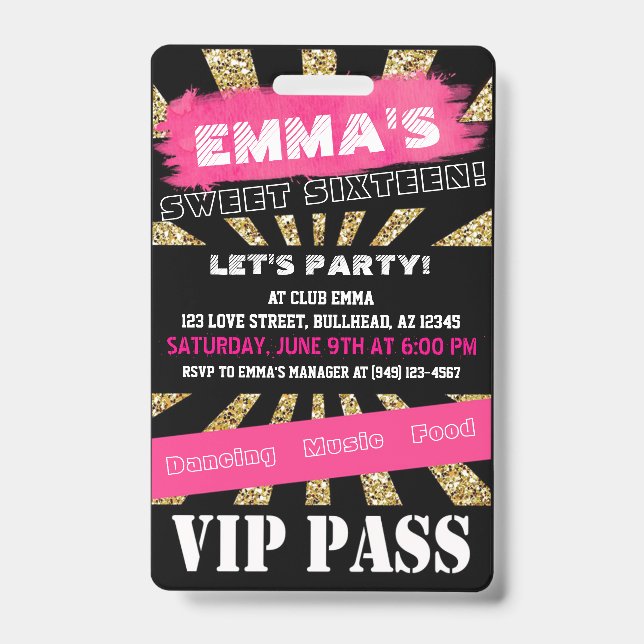 VIP Sweet 16 oder jedes Event Pass Custom Wording Ausweis (Vorderseite)