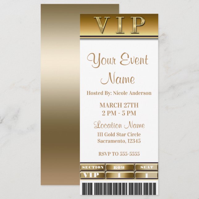 VIP-Ticket für das Party Gold & White Einladung (Vorne/Hinten)