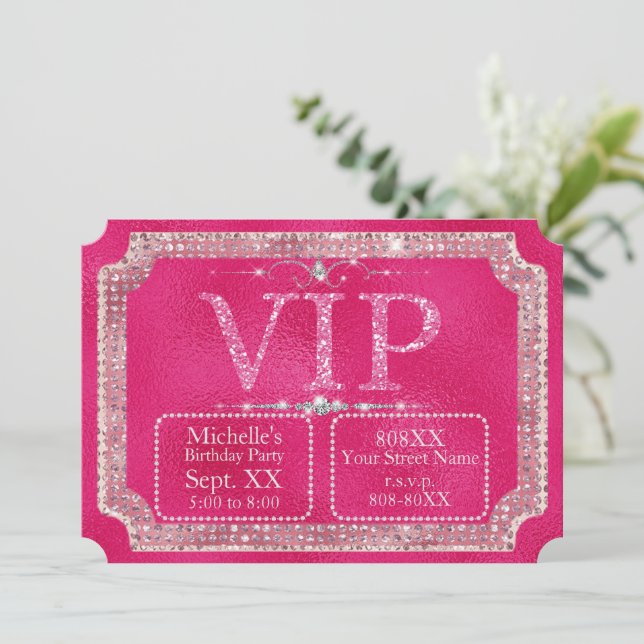 VIP-Ticket für Hot Pink Glitzer & Diamonds Einladung (Stehend Vorderseite)