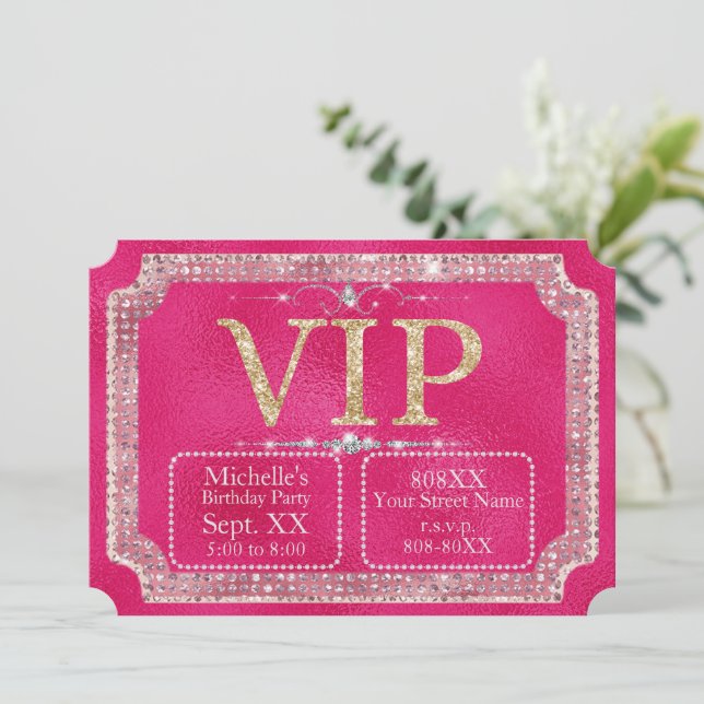 VIP-Ticket für Hot Pink & Gold Glitzer Einladung (Stehend Vorderseite)