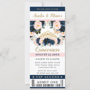 VIP-Ticket für Navy Blue Blink Pink Floral Quinceñ Einladung