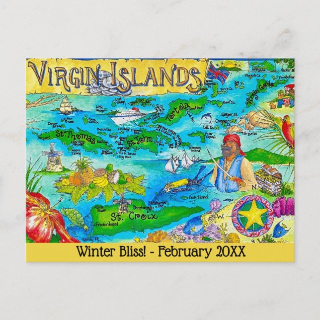 Virgin Islands Illustrated Map Postcard Postkarte (Vorderseite)