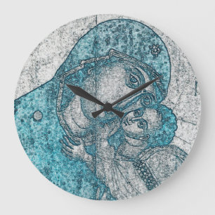 Virgin Mary Baby Jesus Angel Portrait Vintage Blue Große Wanduhr
