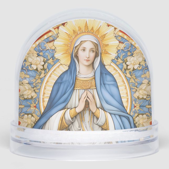 Virgin Mary in Blues and Golds Flower Frame Schneekugeln (Vorderseite)