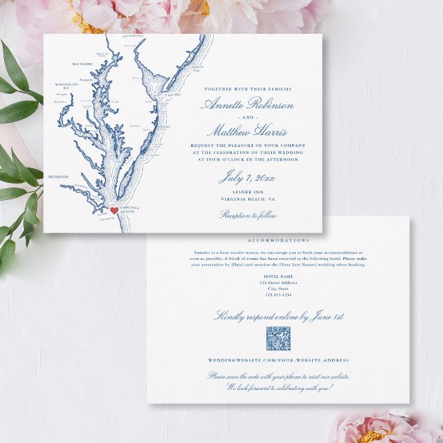Virginia Beach All-in-One QR Code UAWG Wedding Einladung (Virginia Beach all-in-one QR code Wedding Invitation in elegant navy blue with details on the back)