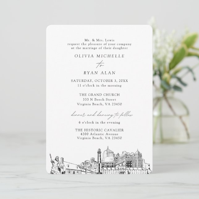 Virginia Beach Church Wedding Two Location Einladung (Stehend Vorderseite)
