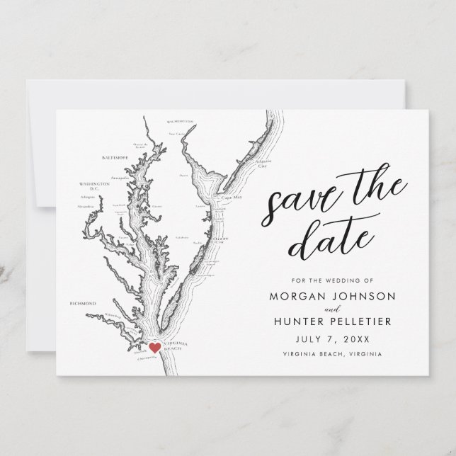 Virginia Beach Map Moderne Hochzeit Save The Date (Vorderseite)
