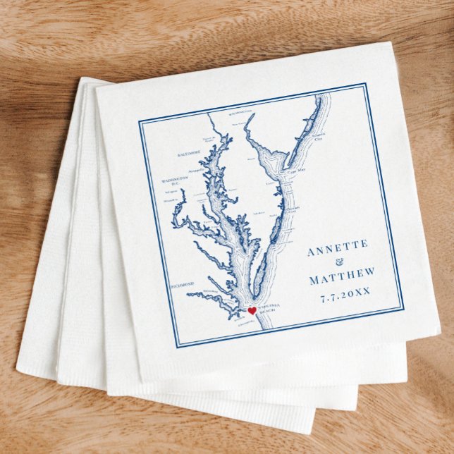 Virginia Beach VA Elegant Navy Blue Map Wedding Serviette (These Virginia Beach map cocktail napkins are perfect for your Chesapeake Bay destination wedding)