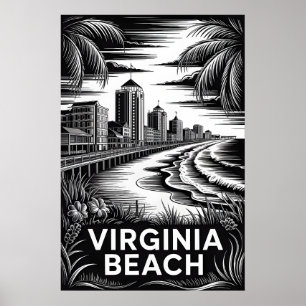 Virginia Beach Virginia Schwarz Weiß Holzschnitt S Poster