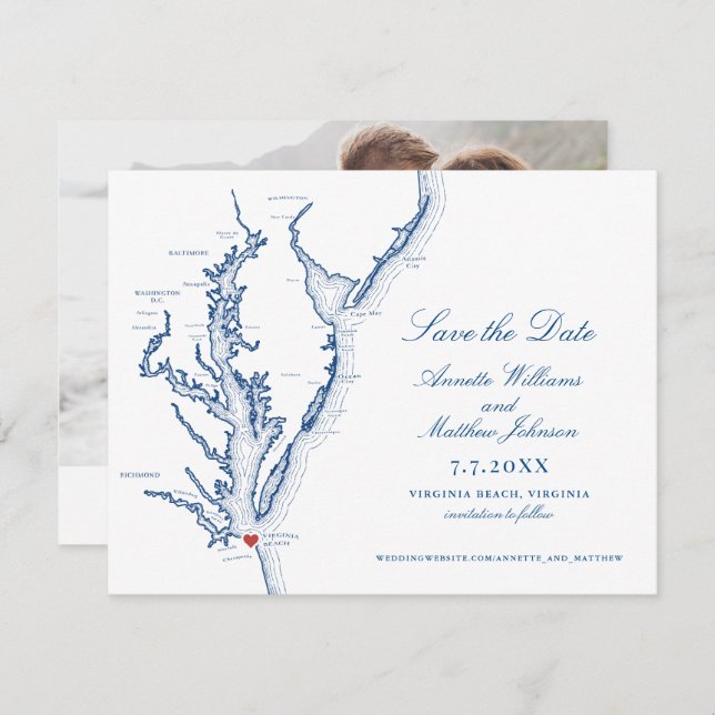Virginia Beach Wedding Elegant Navy Map Save The Date (Vorne/Hinten)