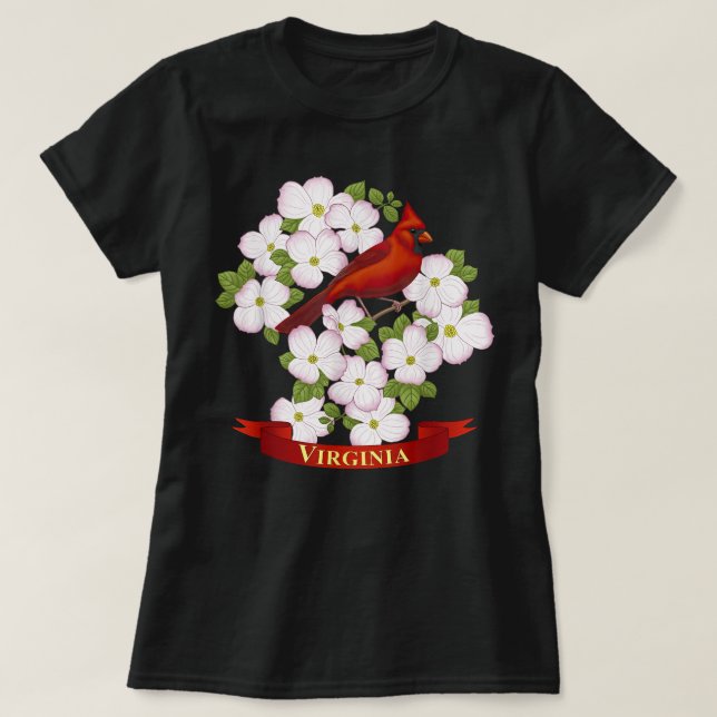 Virginia Red Kardinal Staat Bird & Pink Dogwood Fl T-Shirt (Design vorne)