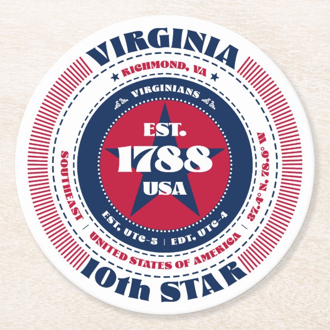 Virginia Red White Blue Typografie Runder Pappuntersetzer (Vorderseite)