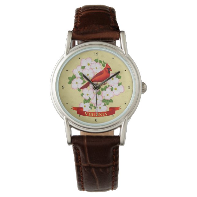 Virginia Staat Kardinal Bird und Dogwood Blume Armbanduhr (Vorderseite)