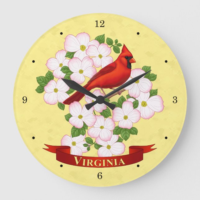 Virginia Staat Kardinal Bird und Dogwood Blume Große Wanduhr (Vorderseite)