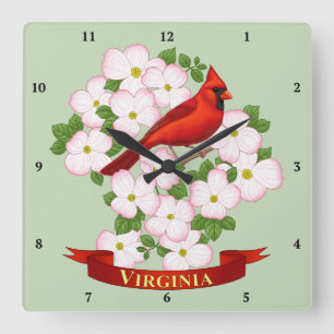 Virginia Staat Kardinal Bird und Dogwood Blume Quadratische Wanduhr