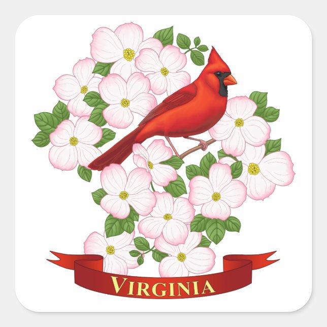 Virginia Staat Kardinal Bird und Dogwood Blume Quadratischer Aufkleber (Vorderseite)