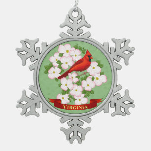 Virginia Staat Kardinal Bird und Dogwood Blume Schneeflocken Zinn-Ornament