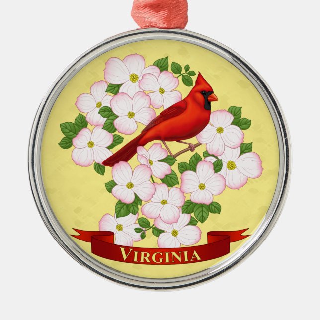 Virginia Staat Kardinal Bird und Dogwood Blume Silbernes Ornament (Vorne)