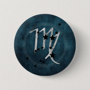 Virgo black & silver zodiac teal constellation button