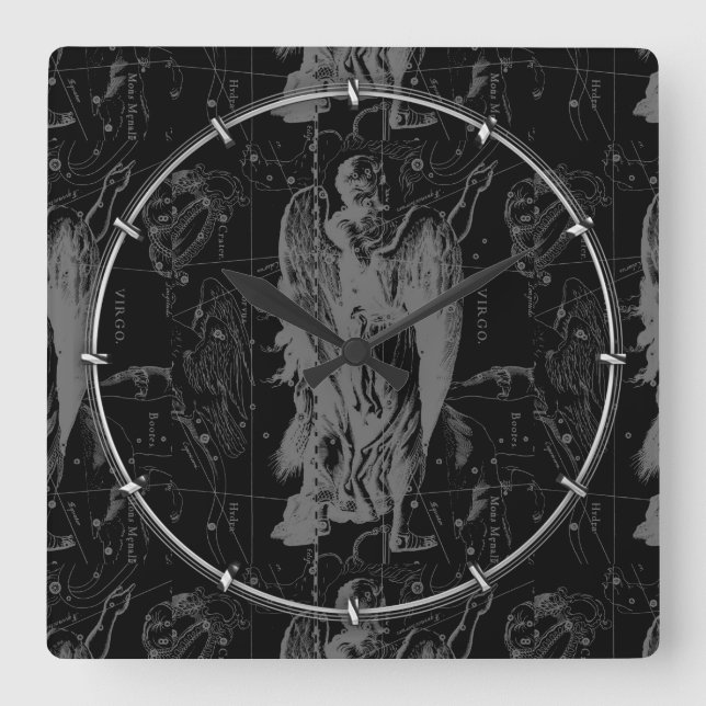 Virgo Constellation Hevelius 1690 auf Schwarz Quadratische Wanduhr (Vorderseite)