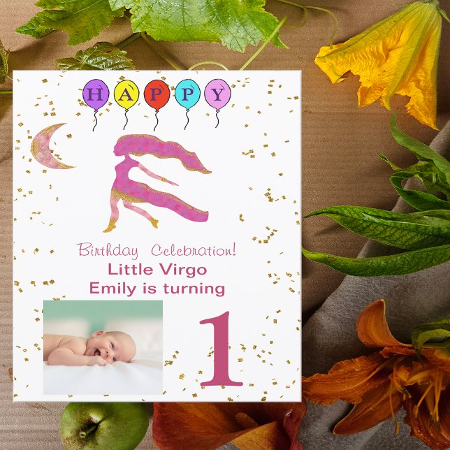 Virgo First Birthday Gold, Balloons und Foto Einladung (Von Creator hochgeladen)