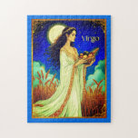 Virgo Zodiac Beauty Under a Night Sky Puzzle<br><div class="desc">Puzzle in an illustration of Virgo portraying a serene maiden symbolizing purity,  grace,  and wisdom. Surrounded by golden wheat under a radiant full moon,  she holds a basket of harvest fruits,  reflecting Virgo’s earthy nature and nurturing spirit.</div>