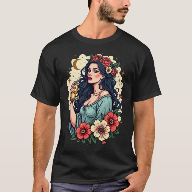 Virgo Zodiac Design - Blumenmädchen mit Goldene Sp T-Shirt (Vorderseite)