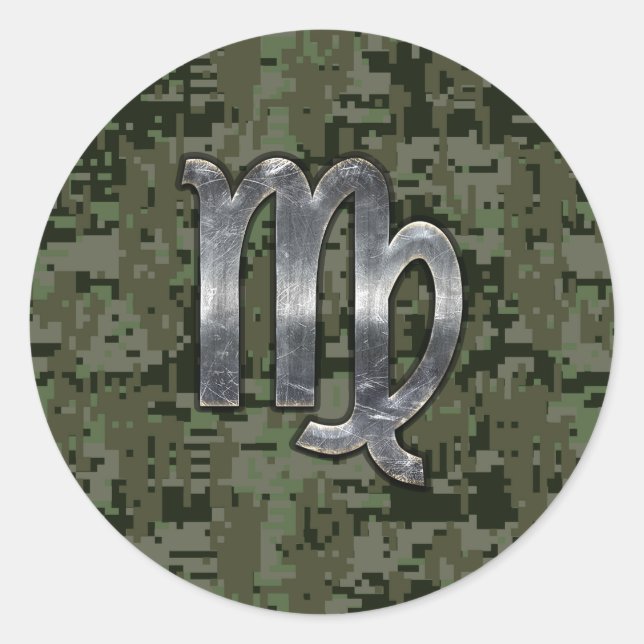 Virgo Zodiac Sign auf Green Digital Camouflage Sty Runder Aufkleber (Vorderseite)