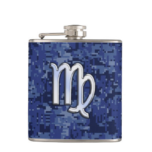 Virgo Zodiac Sign auf Navy Blue Digital Camouflage Flachmann