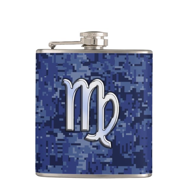 Virgo Zodiac Sign auf Navy Blue Digital Camouflage Flachmann (Vorderseite)