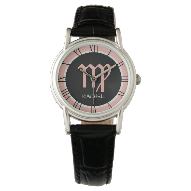 Virgo Zodiac Signature Rose Pink Grau Schwarzer In Armbanduhr (Vorderseite)