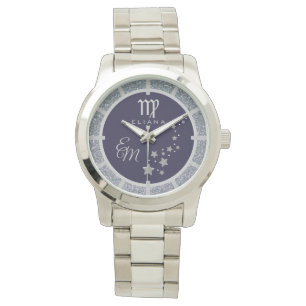 Virgo Zodiac Silver Glitzer Dark Blue Mit Monogram Armbanduhr