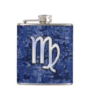Virgo Zodiac Silver Sign auf Navy Blue Digital Cam Flachmann