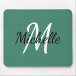 Viridian Green & White Monogram Add your name Mousepad<br><div class="desc">Mauspad mit grünem Hintergrund und weißem, benutzerdefiniertem Monogramm, erster und erster Name</div>