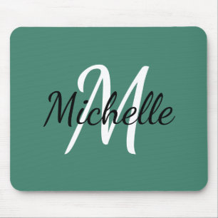 Viridian Green & White Monogram Add your name Mousepad