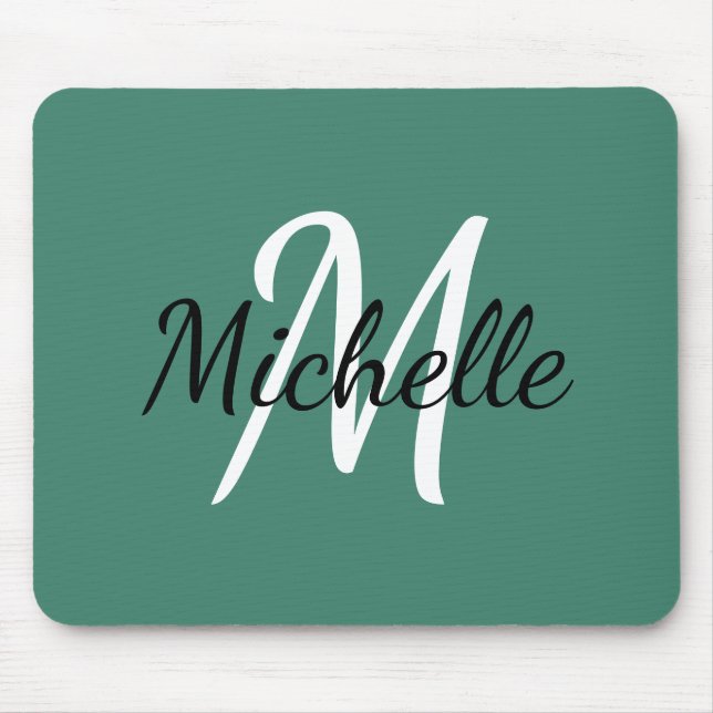 Viridian Green & White Monogram Add your name Mousepad (Vorne)
