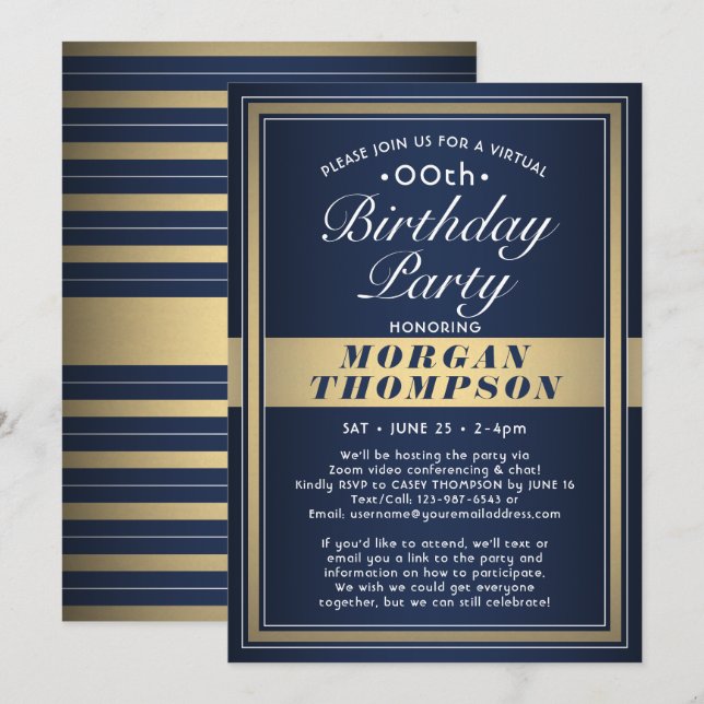 Virtual Any Birthday Navy Blue Gold & White Party Einladung (Vorne/Hinten)