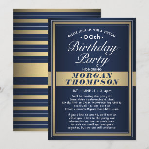 Virtual Any Birthday Navy Blue Gold & White Party Einladung
