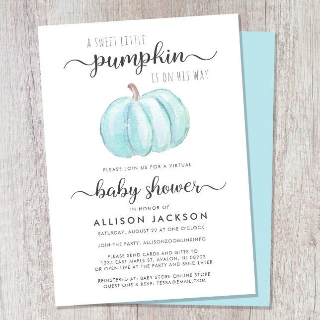 Virtual Baby Boy Dusche Blue Pumpkin Wasserfarbe Einladung (Celebrate the upcoming arrival of your autumn baby boy with a pumpkin-themed virtual baby shower)