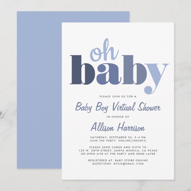 Virtual Baby Boy Dusche Oh Baby Blue Einladung (Vorne/Hinten)